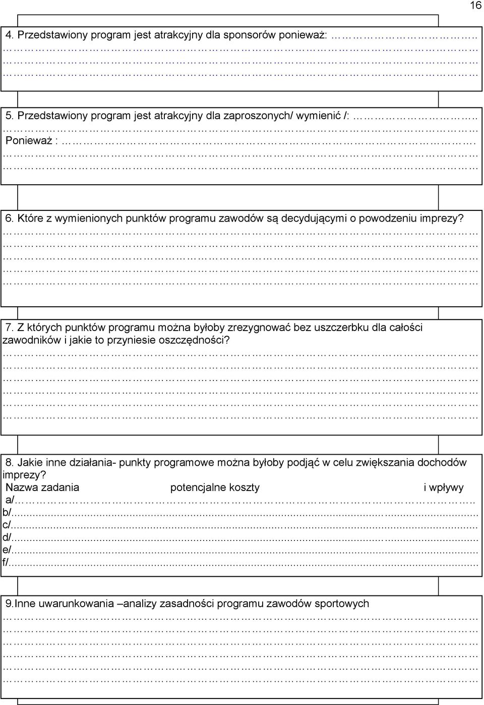 Z których punktów programu można byłoby zrezygnować bez uszczerbku dla całości zawodników i jakie to przyniesie oszczędności? 8.
