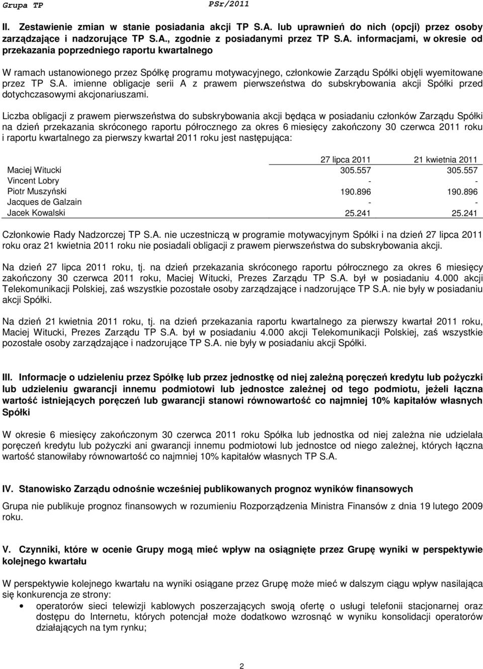 , zgodnie z posiadanymi przez TP S.A.