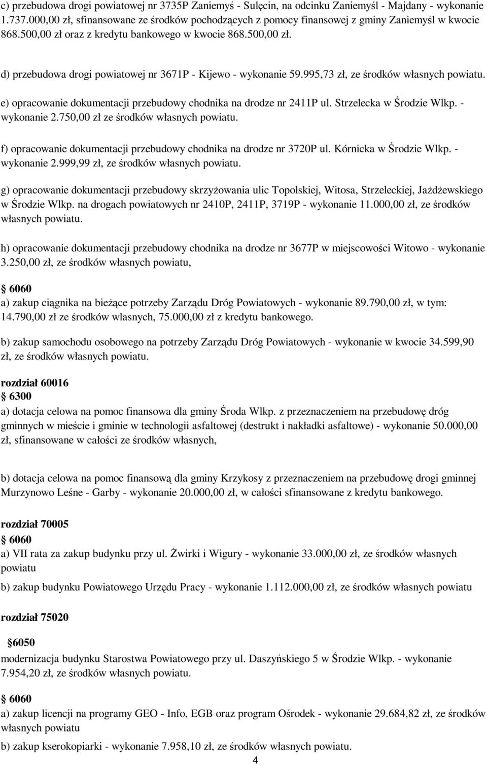 995,73 zł, ze środków własnych powiatu. e) 2411P ul. Strzelecka w Środzie - wykonanie 2.750,00 zł ze środków własnych powiatu. f) 3720P ul. Kórnicka w Środzie - wykonanie 2.