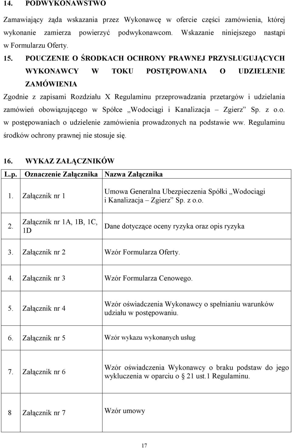 obowiązującego w Spółce Wodociągi i Kanalizacja Zgierz Sp. z o.o. w postępowaniach o udzielenie zamówienia prowadzonych na podstawie ww. Regulaminu środków ochrony prawnej nie stosuje się. 16.