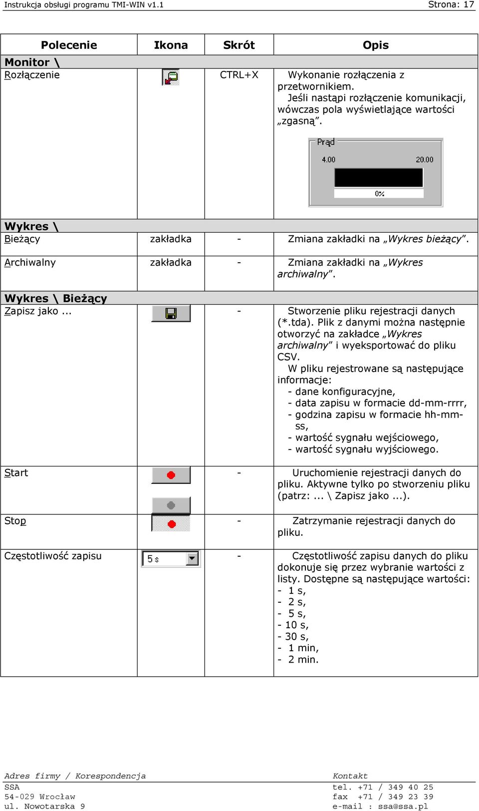 Archiwalny zakładka - Zmiana zakładki na Wykres archiwalny. Wykres \ Bieżący Zapisz jako... - Stworzenie pliku rejestracji danych (*.tda).