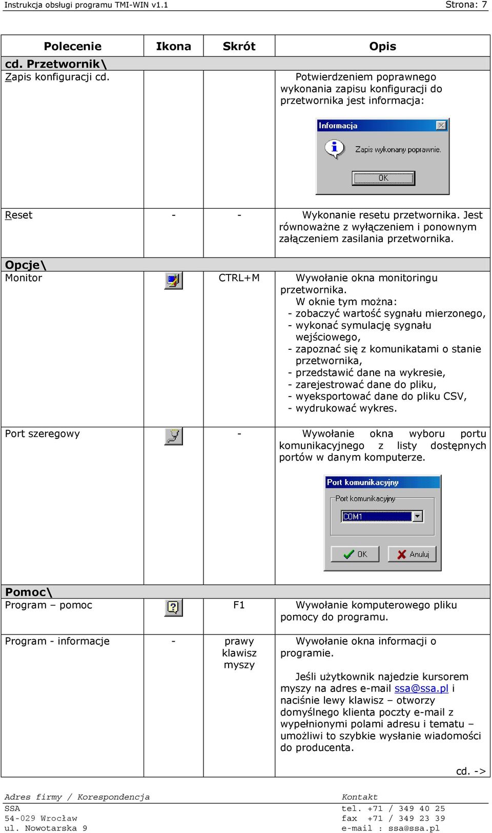Jest równoważne z wyłączeniem i ponownym załączeniem zasilania przetwornika. Opcje\ Monitor CTRL+M Wywołanie okna monitoringu przetwornika.