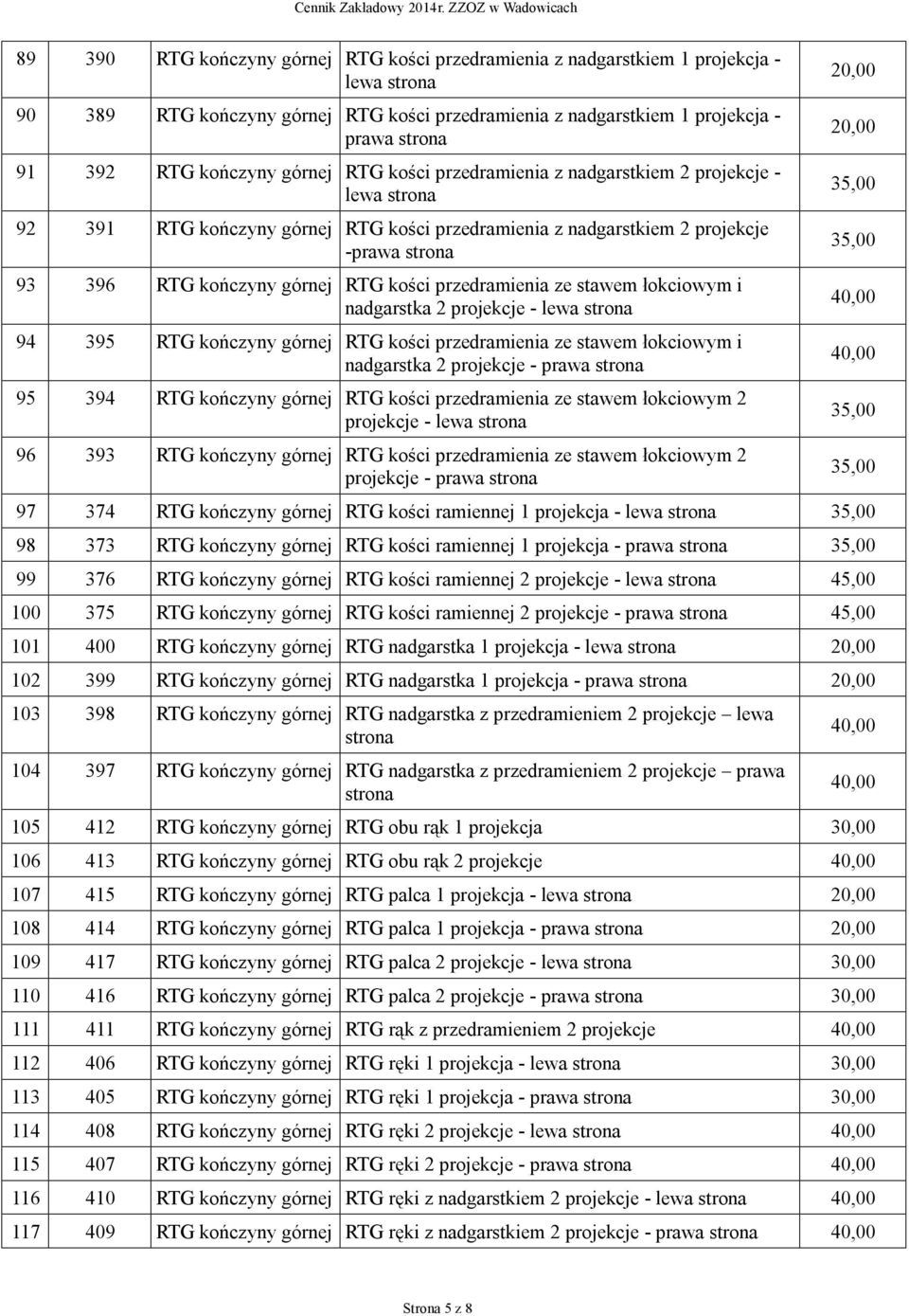 stawem łokciowym i nadgarstka 2 projekcje - lewa 94 395 RTG kończyny górnej RTG kości przedramienia ze stawem łokciowym i nadgarstka 2 projekcje - prawa 95 394 RTG kończyny górnej RTG kości