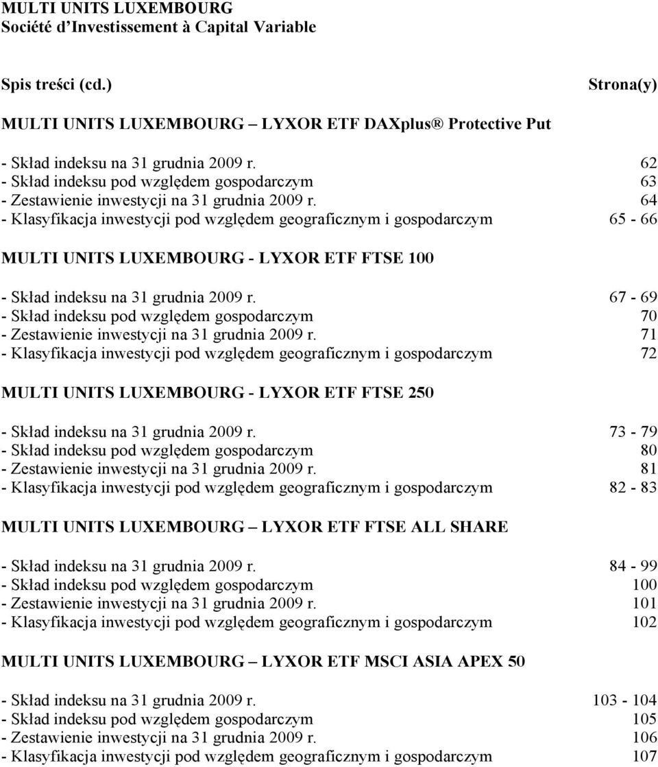 64 - Klasyfikacja inwestycji pod względem geograficznym i gospodarczym 65-66 MULTI UNITS LUXEMBOURG - LYXOR ETF FTSE 100 - Skład indeksu na 31 grudnia 2009 r.