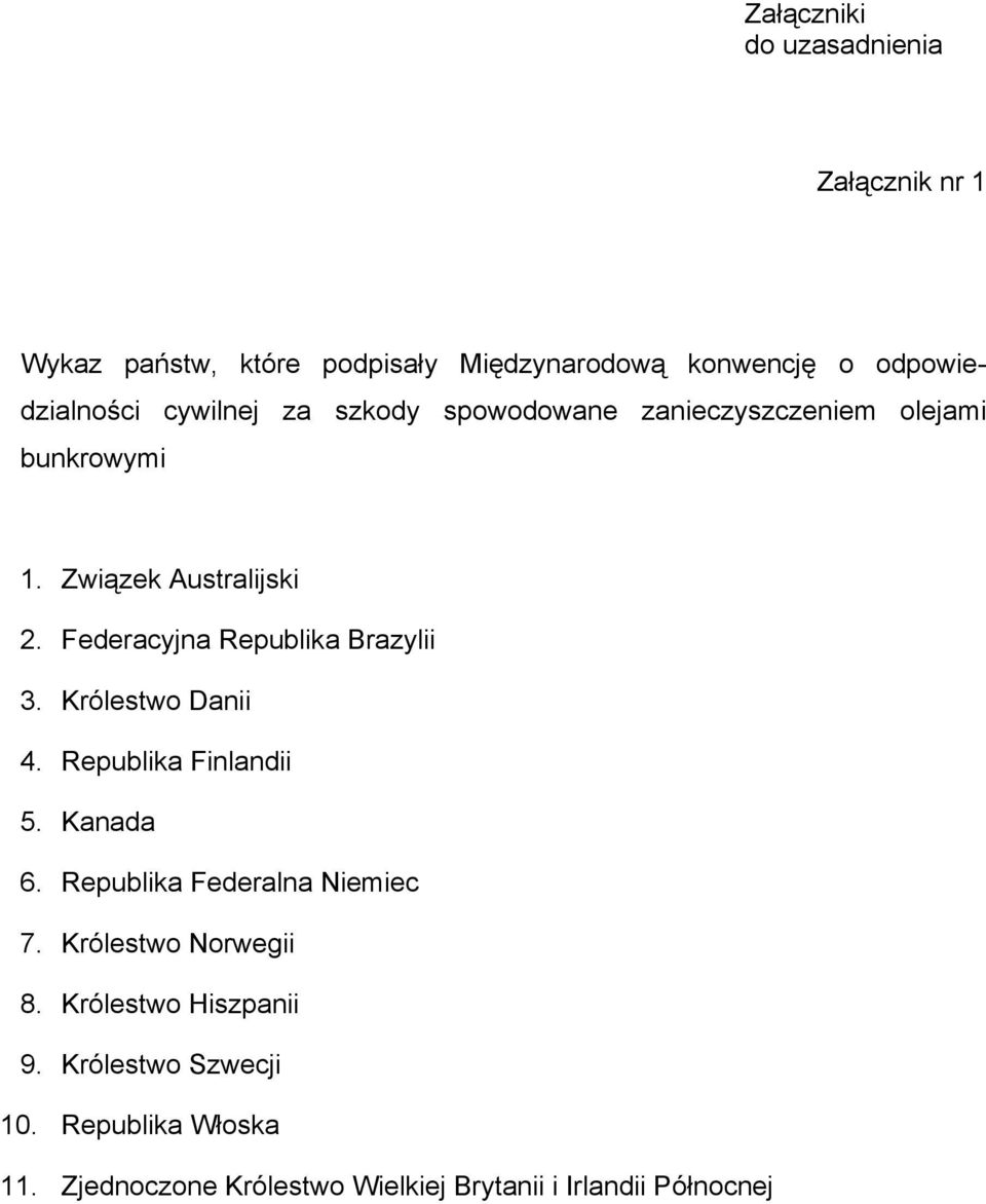 Federacyjna Republika Brazylii 3. Królestwo Danii 4. Republika Finlandii 5. Kanada 6. Republika Federalna Niemiec 7.