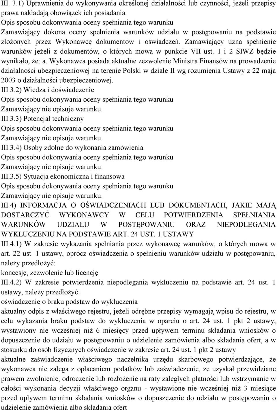 podstawie złożonych przez Wykonawcę dokumentów i oświadczeń. Zamawiający uzna spełnienie warunków jeżeli z dokumentów, o których mowa w punkcie VII ust. 1 i 2 SIWZ będzie wynikało, że: a.