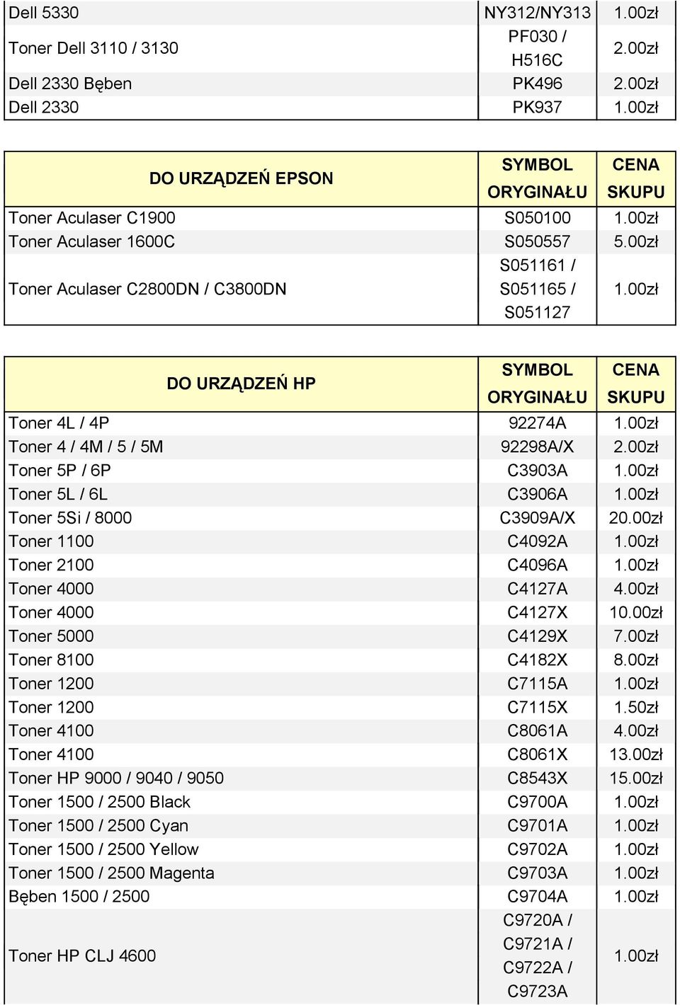 00zł Toner 5Si / 8000 C3909A/X 20.00zł Toner 1100 C4092A 1.00zł Toner 2100 C4096A 1.00zł Toner 4000 C4127A 4.00zł Toner 4000 C4127X 10.00zł Toner 5000 C4129X 7.00zł Toner 8100 C4182X 8.