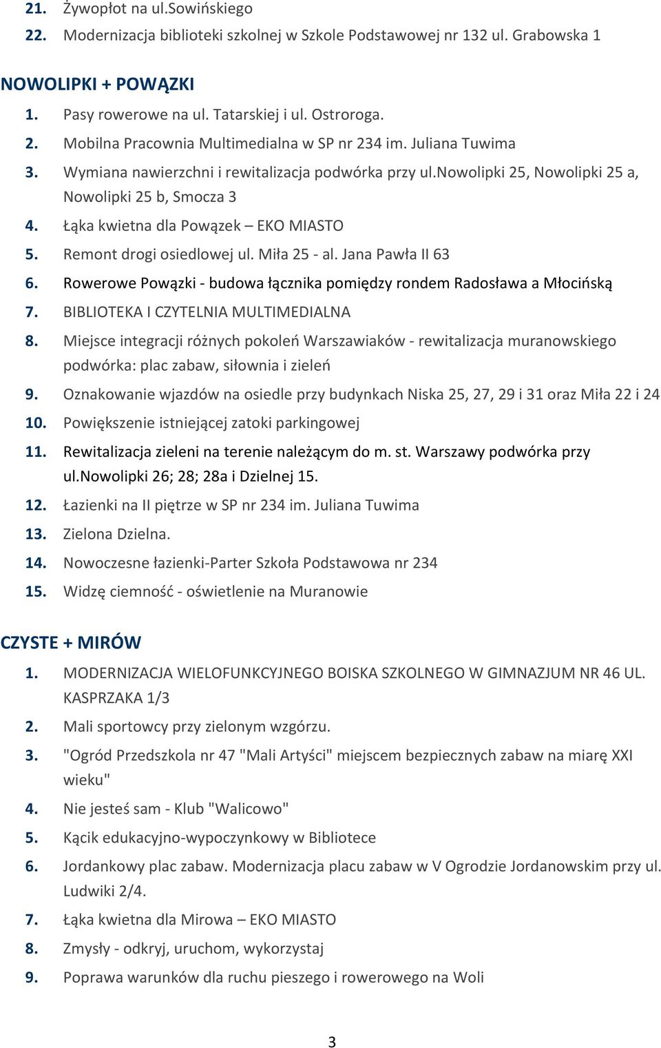 Miła 25 al. Jana Pawła II 63 6. Rowerowe Powązki budowa łącznika pomiędzy rondem Radosława a Młocińską 7. BIBLIOTEKA I CZYTELNIA MULTIMEDIALNA 8.