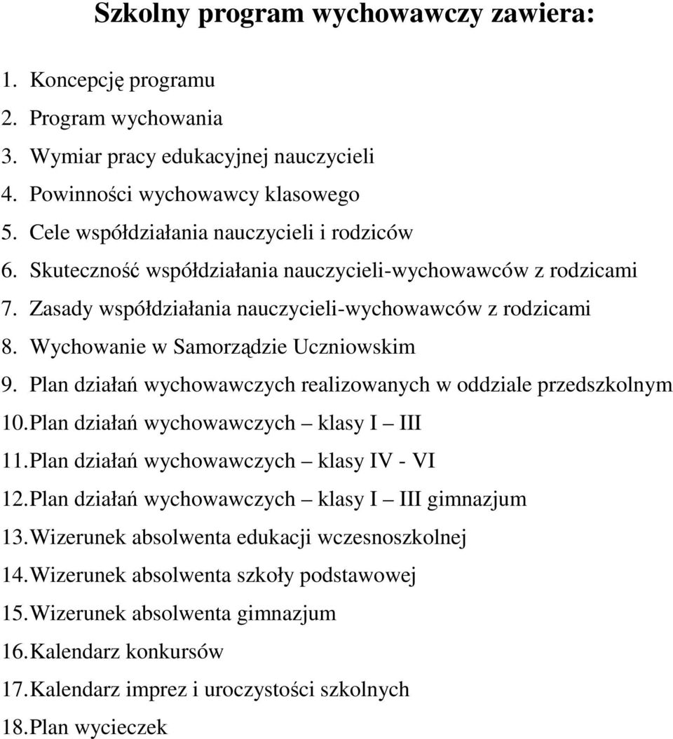 Wychwanie w Samrządzie Uczniwskim 9. Plan działań wychwawczych realizwanych w ddziale przedszklnym 10. Plan działań wychwawczych klasy I III 11. Plan działań wychwawczych klasy IV - VI 12.