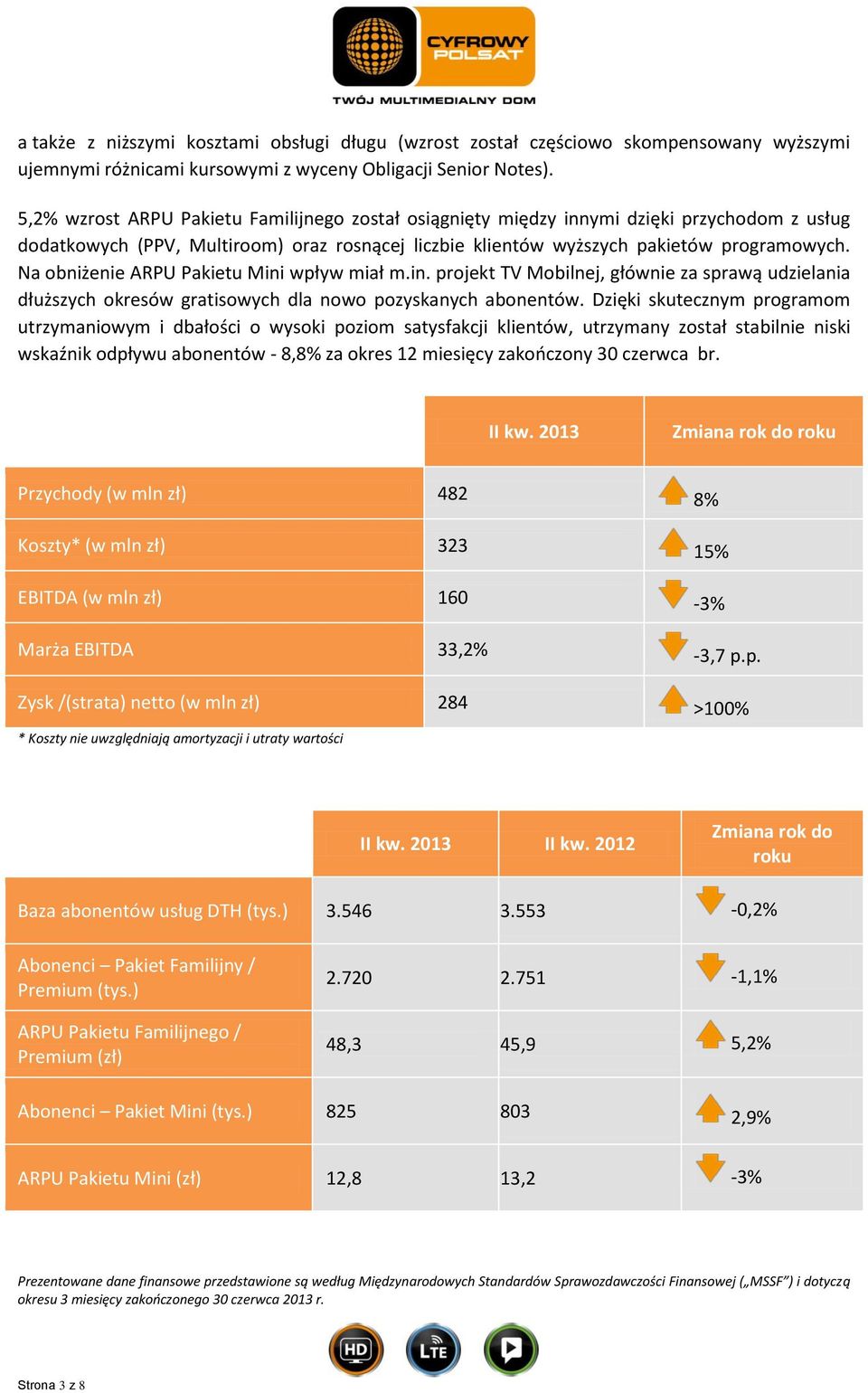 Na obniżenie ARPU Pakietu Mini wpływ miał m.in. projekt TV Mobilnej, głównie za sprawą udzielania dłuższych okresów gratisowych dla nowo pozyskanych abonentów.