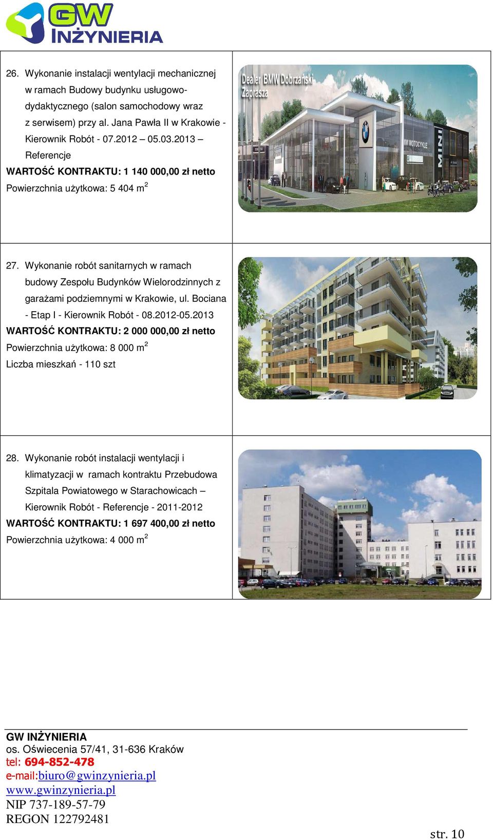 Wykonanie robót sanitarnych w ramach budowy Zespołu Budynków Wielorodzinnych z garażami podziemnymi w Krakowie, ul. Bociana - Etap I - Kierownik Robót - 08.2012-05.