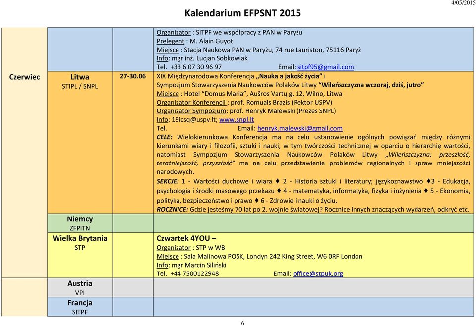 12, Wilno, Organizator Konferencji : prof. Romuals Brazis (Rektor USPV) Organizator Sympozjum: prof. Henryk Malewski (Prezes SNPL) Info: 19icsq@uspv.lt; www.snpl.lt Tel. Email: henryk.malewski@gmail.