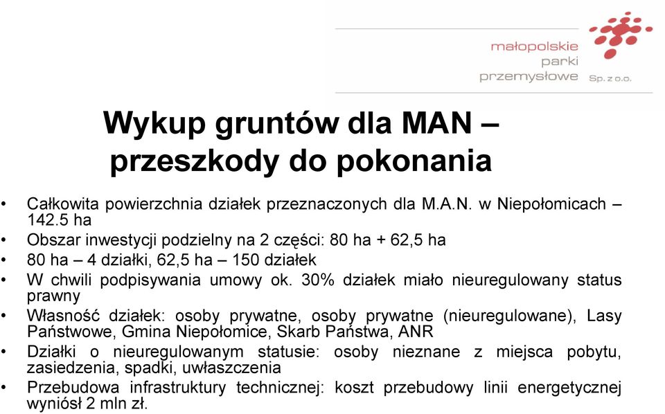 30% działek miało nieuregulowany status prawny Własność działek: osoby prywatne, osoby prywatne (nieuregulowane), Lasy Państwowe, Gmina Niepołomice, Skarb