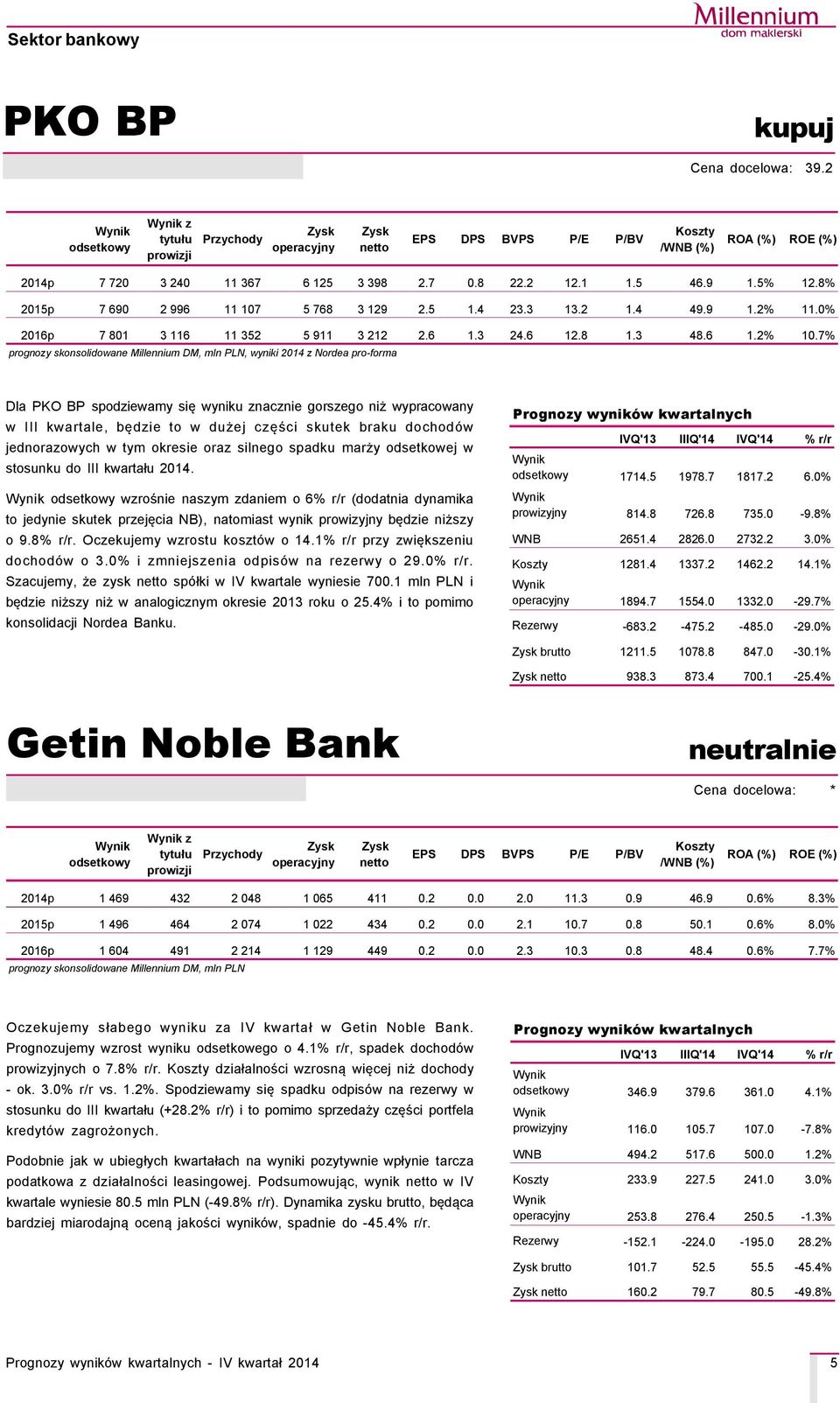 7% prognozy skonsolidowane Millennium DM, mln PLN, wyniki 2014 z Nordea pro-forma Dla PKO BP spodziewamy się wyniku znacznie gorszego niż wypracowany w III kwartale, będzie to w dużej części skutek