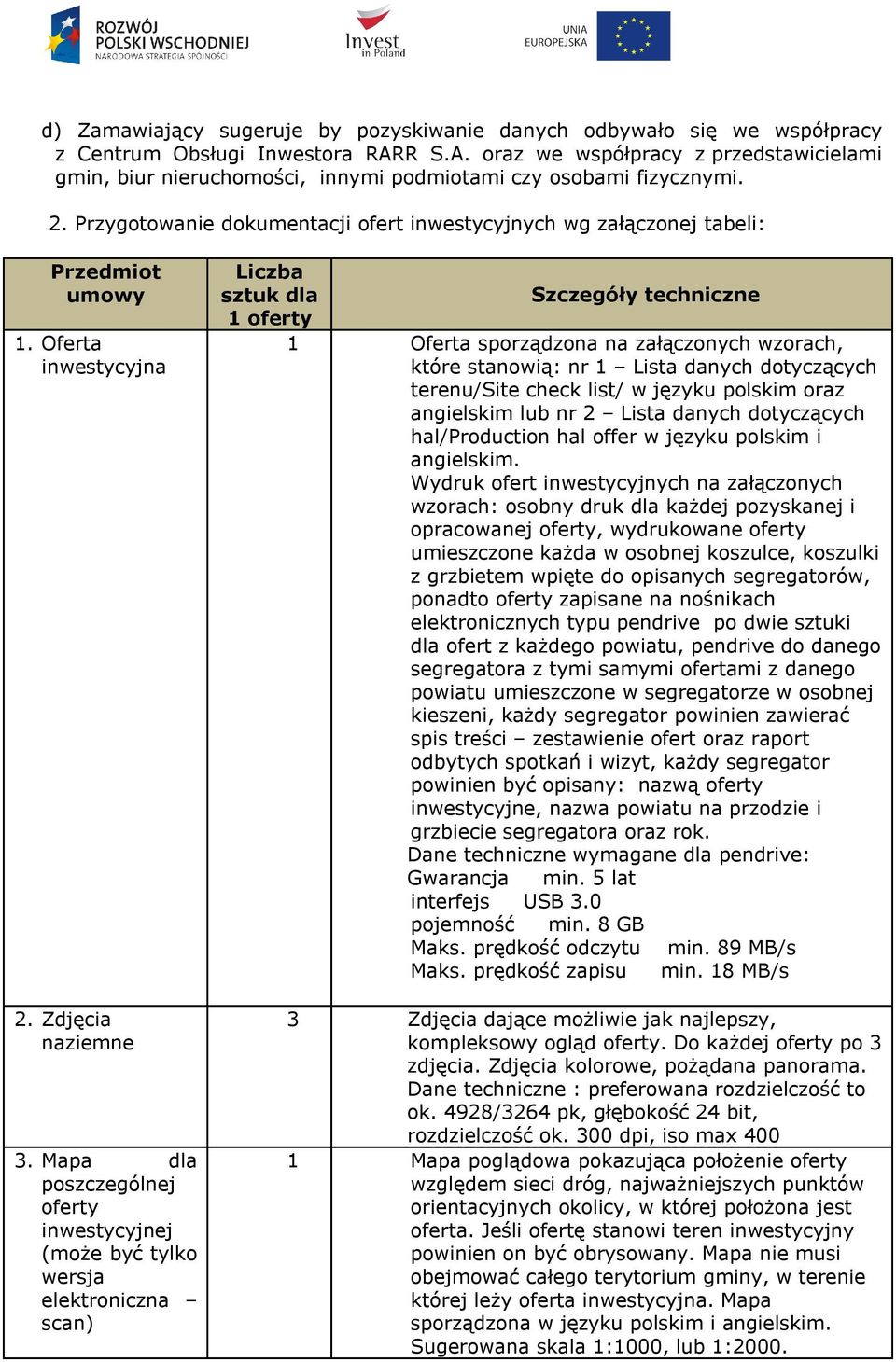 Przygotowanie dokumentacji ofert inwestycyjnych wg załączonej tabeli: Przedmiot umowy 1. Oferta inwestycyjna 2. Zdjęcia naziemne 3.