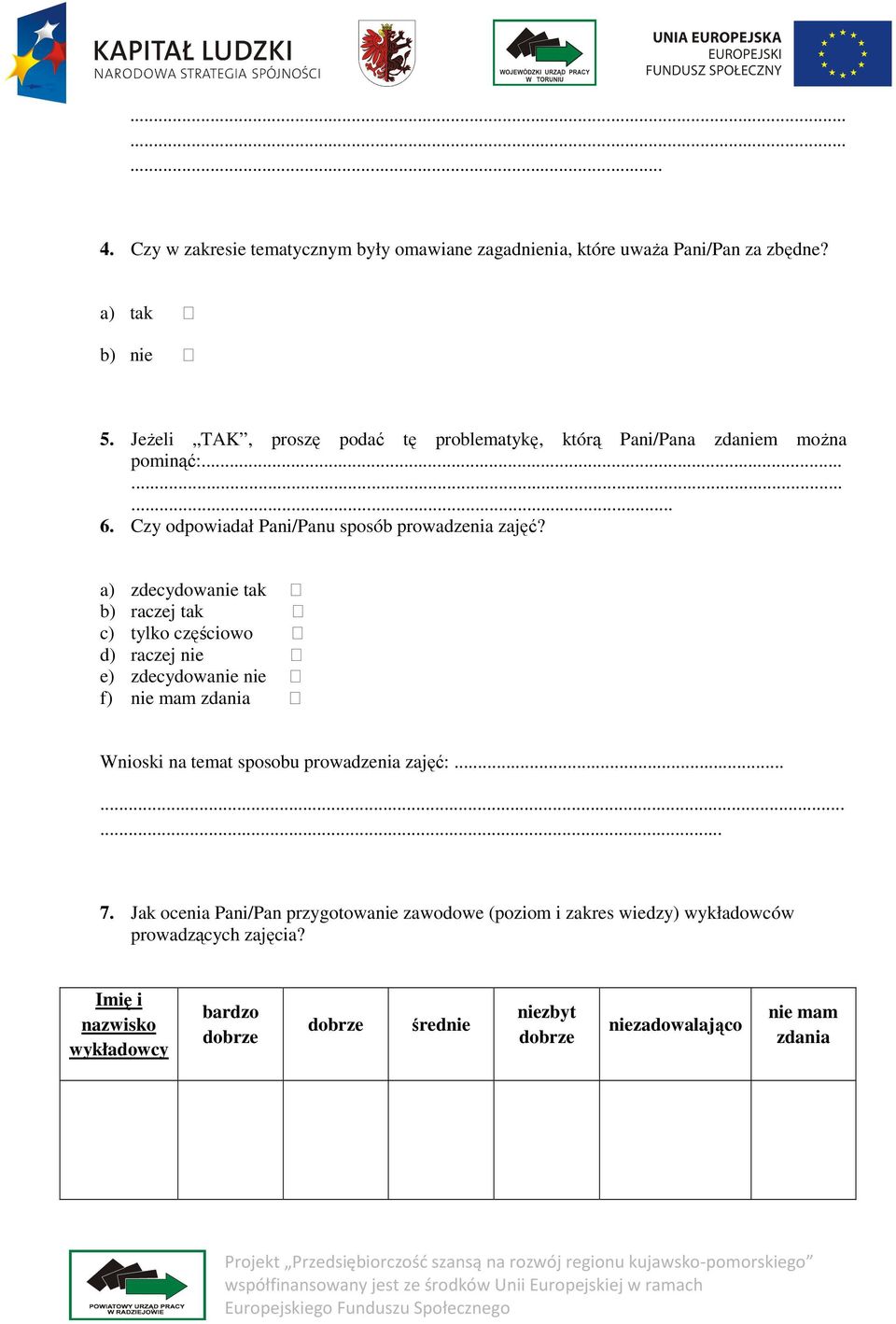 a) zdecydowanie tak b) raczej tak c) tylko częściowo d) raczej nie e) zdecydowanie nie f) nie mam zdania Wnioski na temat sposobu prowadzenia zajęć:......... 7.
