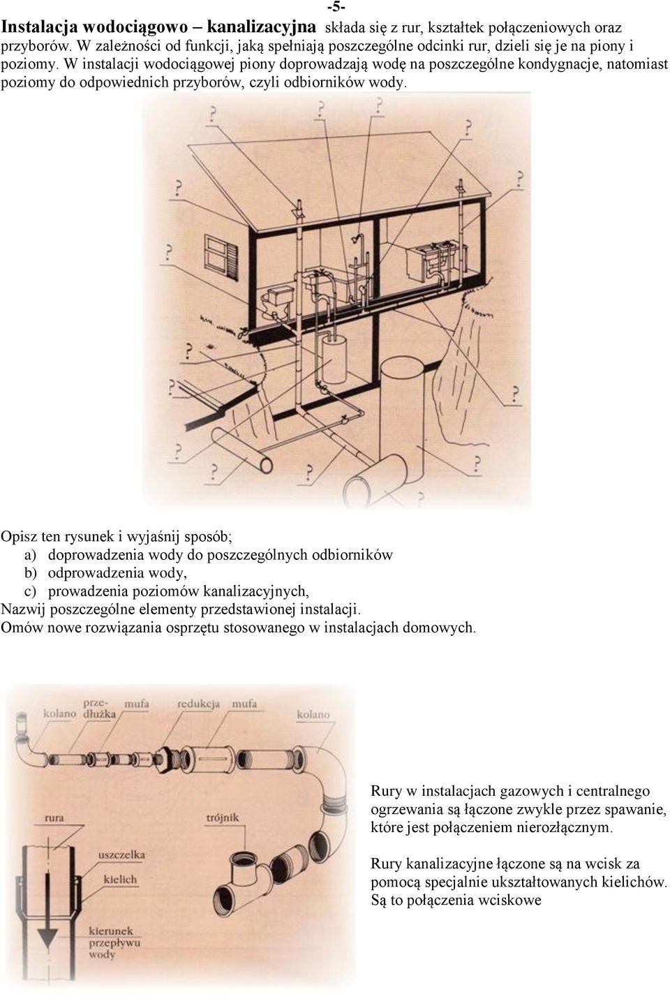Opisz ten rysunek i wyjaśnij sposób; a) doprowadzenia wody do poszczególnych odbiorników b) odprowadzenia wody, c) prowadzenia poziomów kanalizacyjnych, Nazwij poszczególne elementy przedstawionej