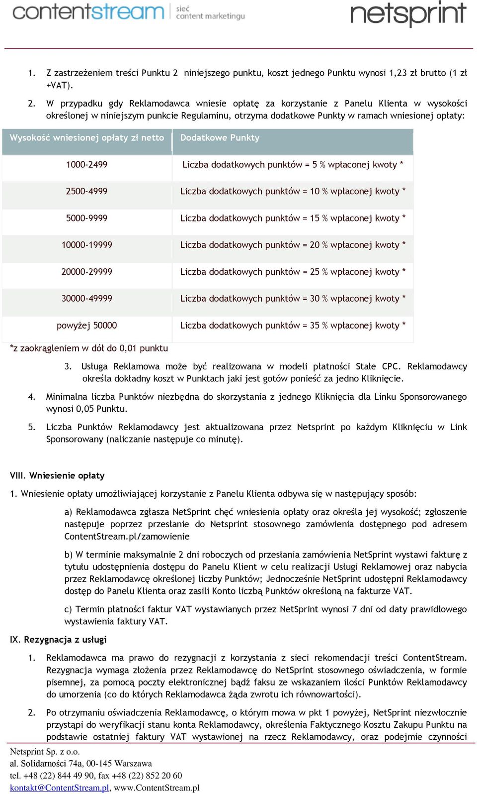 W przypadku gdy Reklamodawca wniesie opłatę za korzystanie z Panelu Klienta w wysokości określonej w niniejszym punkcie Regulaminu, otrzyma dodatkowe Punkty w ramach wniesionej opłaty: Wysokość