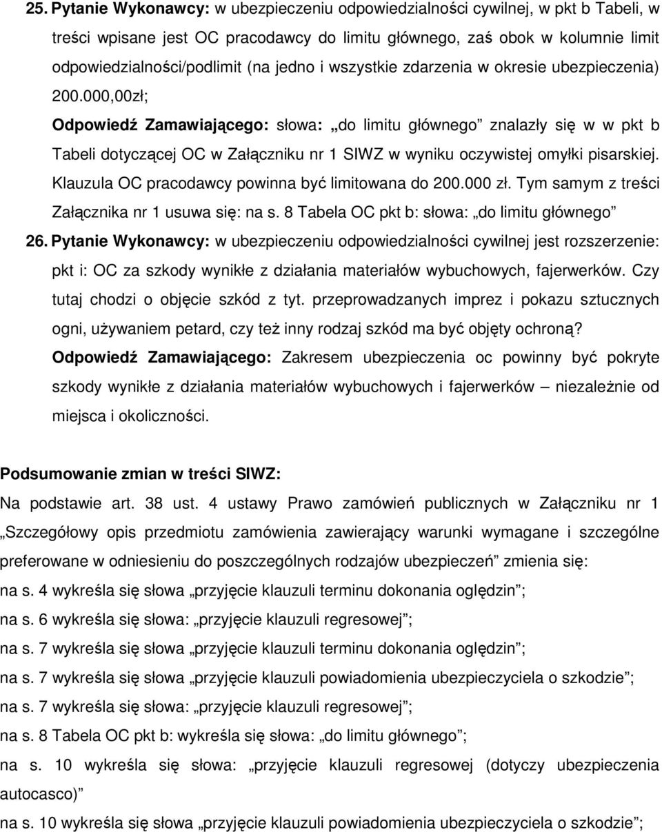 000,00zł; Odpowiedź Zamawiającego: słowa: do limitu głównego znalazły się w w pkt b Tabeli dotyczącej OC w Załączniku nr 1 SIWZ w wyniku oczywistej omyłki pisarskiej.