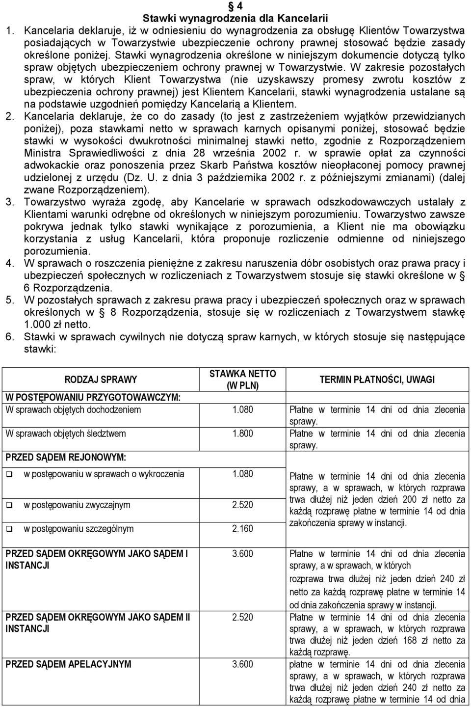 Stawki wynagrodzenia określone w niniejszym dokumencie dotyczą tylko spraw objętych ubezpieczeniem ochrony prawnej w Towarzystwie.