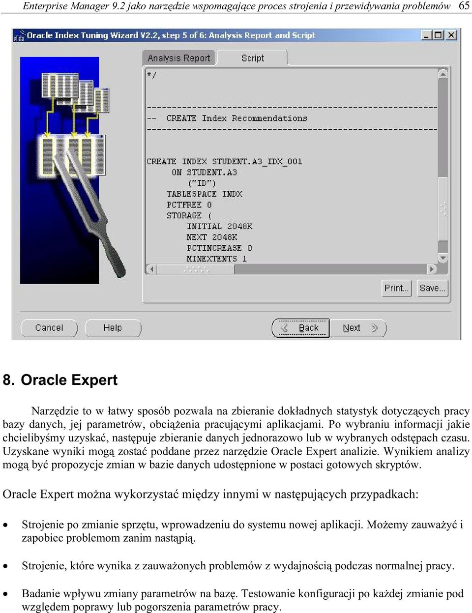 Po wybraniu informacji jakie chcielibyśmy uzyskać, następuje zbieranie danych jednorazowo lub w wybranych odstępach czasu. Uzyskane wyniki mogą zostać poddane przez narzędzie Oracle Expert analizie.