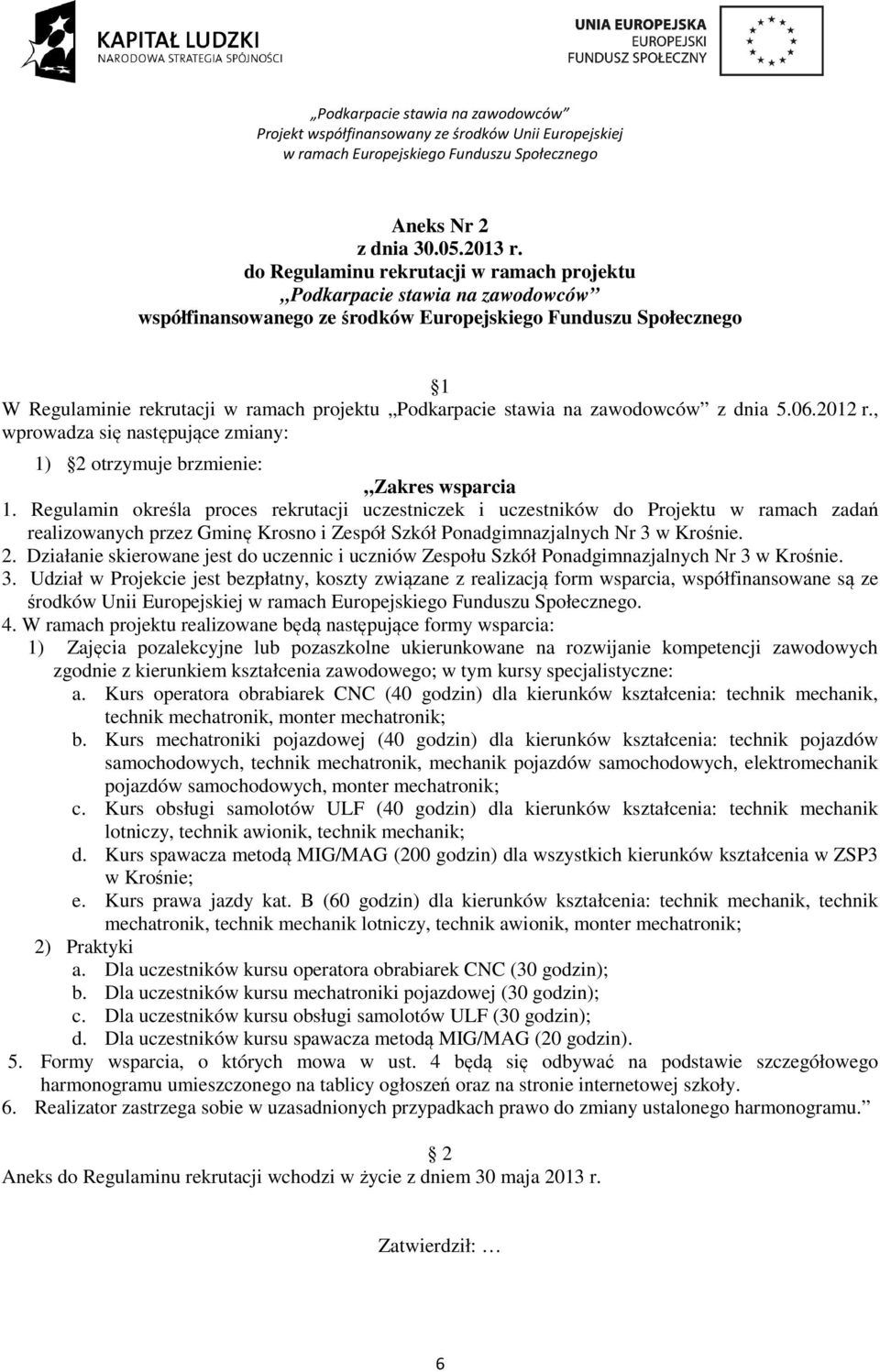 stawia na zawodowców z dnia 5.06.2012 r., wprowadza się następujące zmiany: 1) 2 otrzymuje brzmienie: Zakres wsparcia 1.