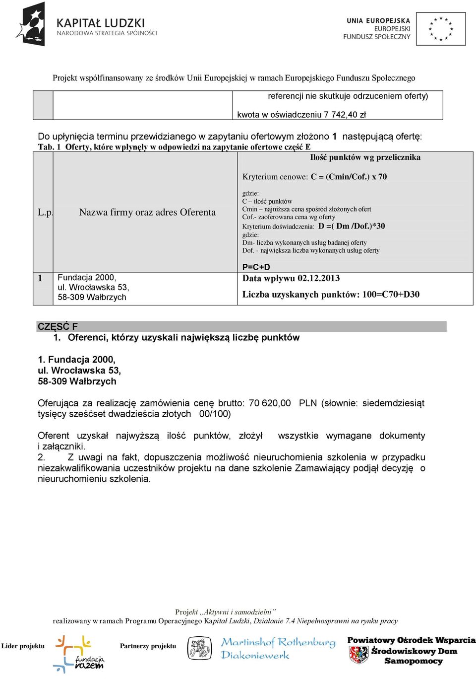 (słownie: siedemdziesiąt tysięcy sześćset dwadzieścia złotych 00/100) Oferent uzyskał najwyższą ilość punktów, złożył wszystkie wymagane