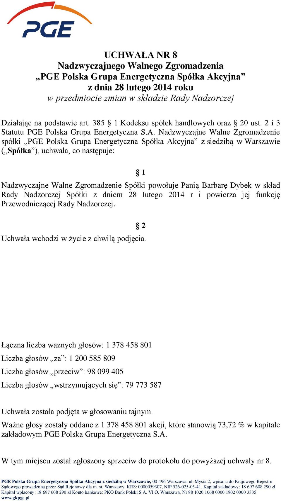 Rady Nadzorczej Spółki z dniem 28 lutego 2014 r i powierza jej funkcję Przewodniczącej Rady Nadzorczej.