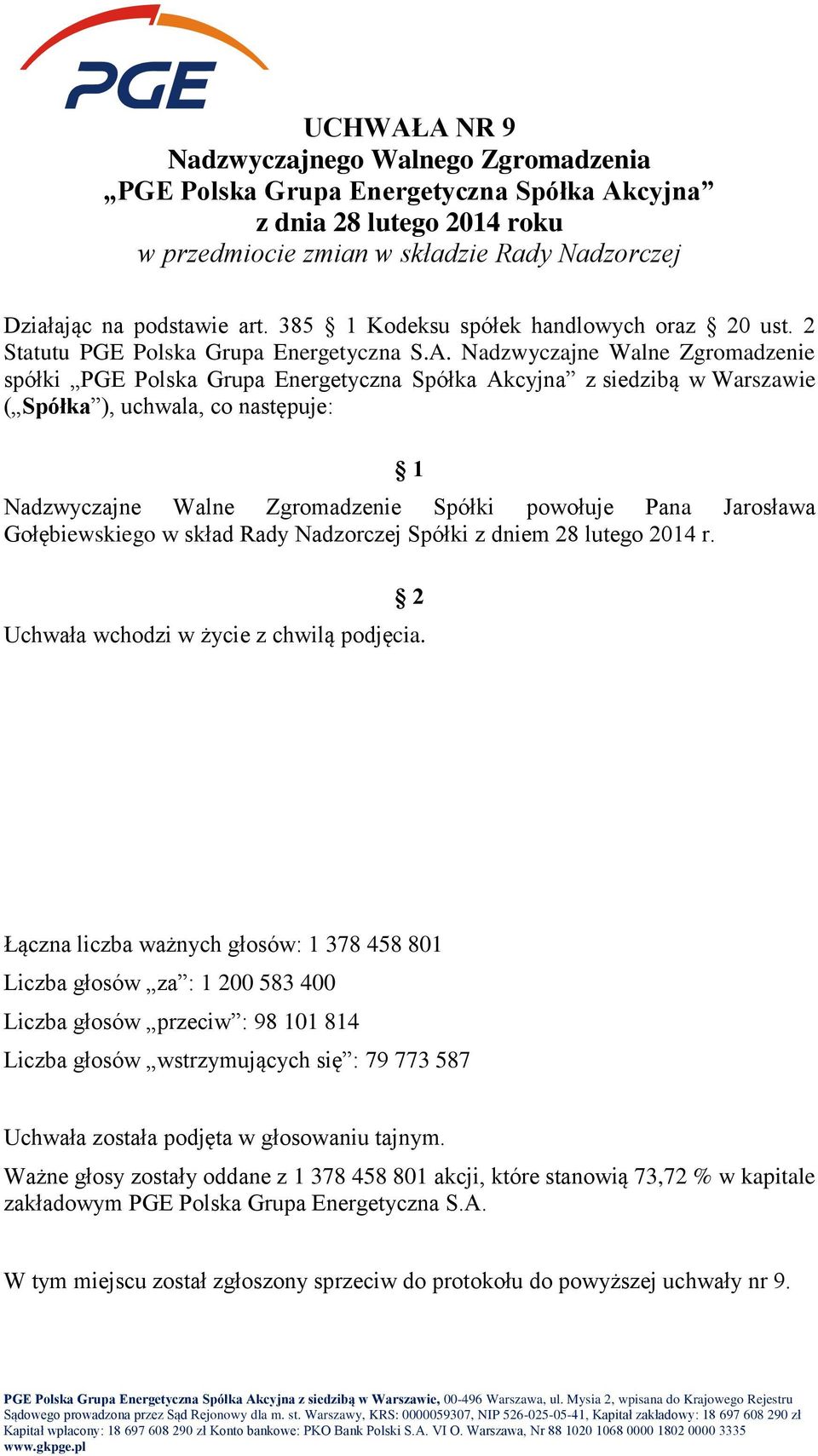 Gołębiewskiego w skład Rady Nadzorczej Spółki z dniem 28 lutego 2014 r.