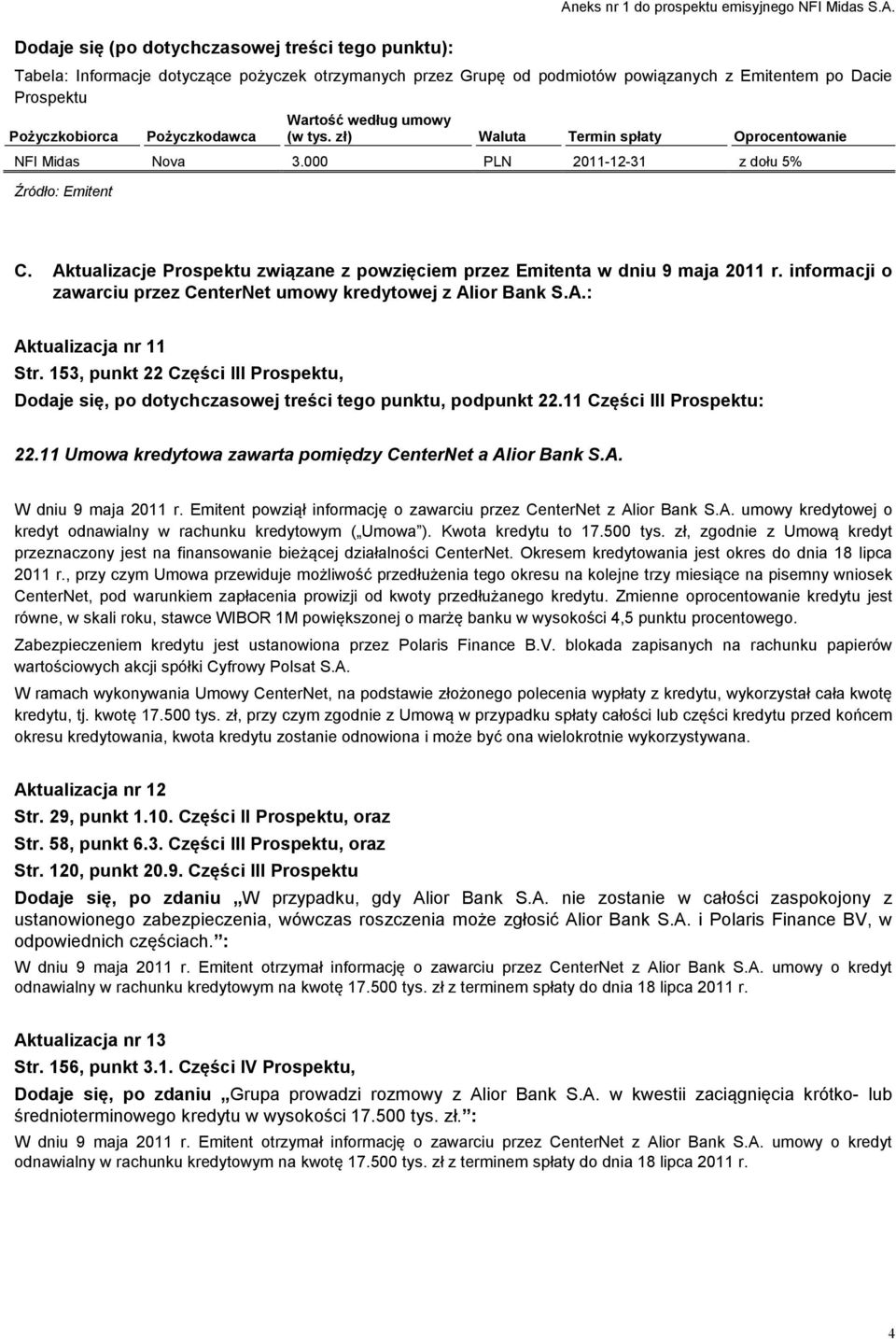 Aktualizacje Prospektu związane z powzięciem przez Emitenta w dniu 9 maja 2011 r. informacji o zawarciu przez CenterNet umowy kredytowej z Alior Bank S.A.: Aktualizacja nr 11 Str.