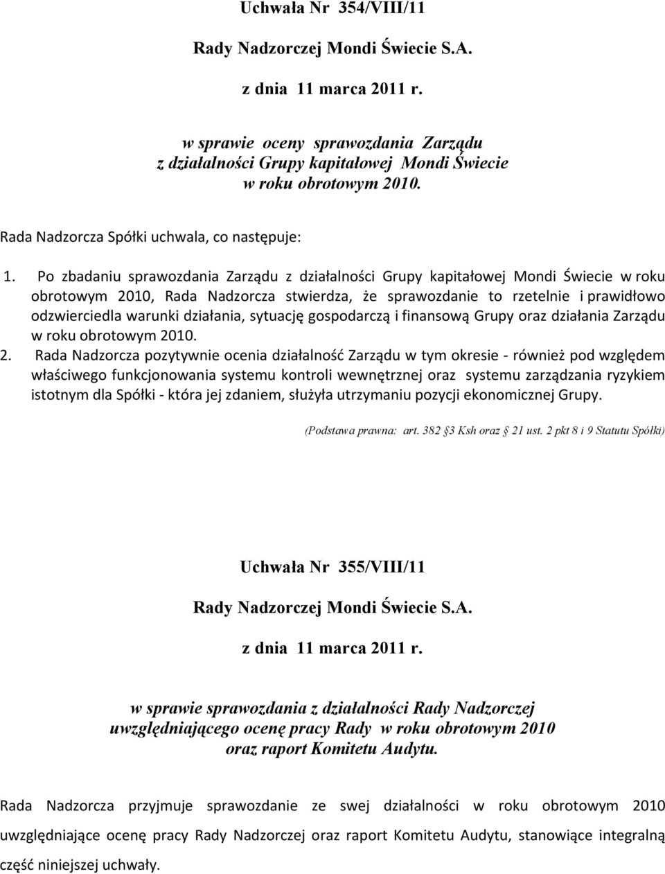 Po zbadaniu sprawozdania Zarządu z działalności Grupy kapitałowej Mondi Świecie w roku obrotowym 2010, Rada Nadzorcza stwierdza, że sprawozdanie to rzetelnie i prawidłowo odzwierciedla warunki