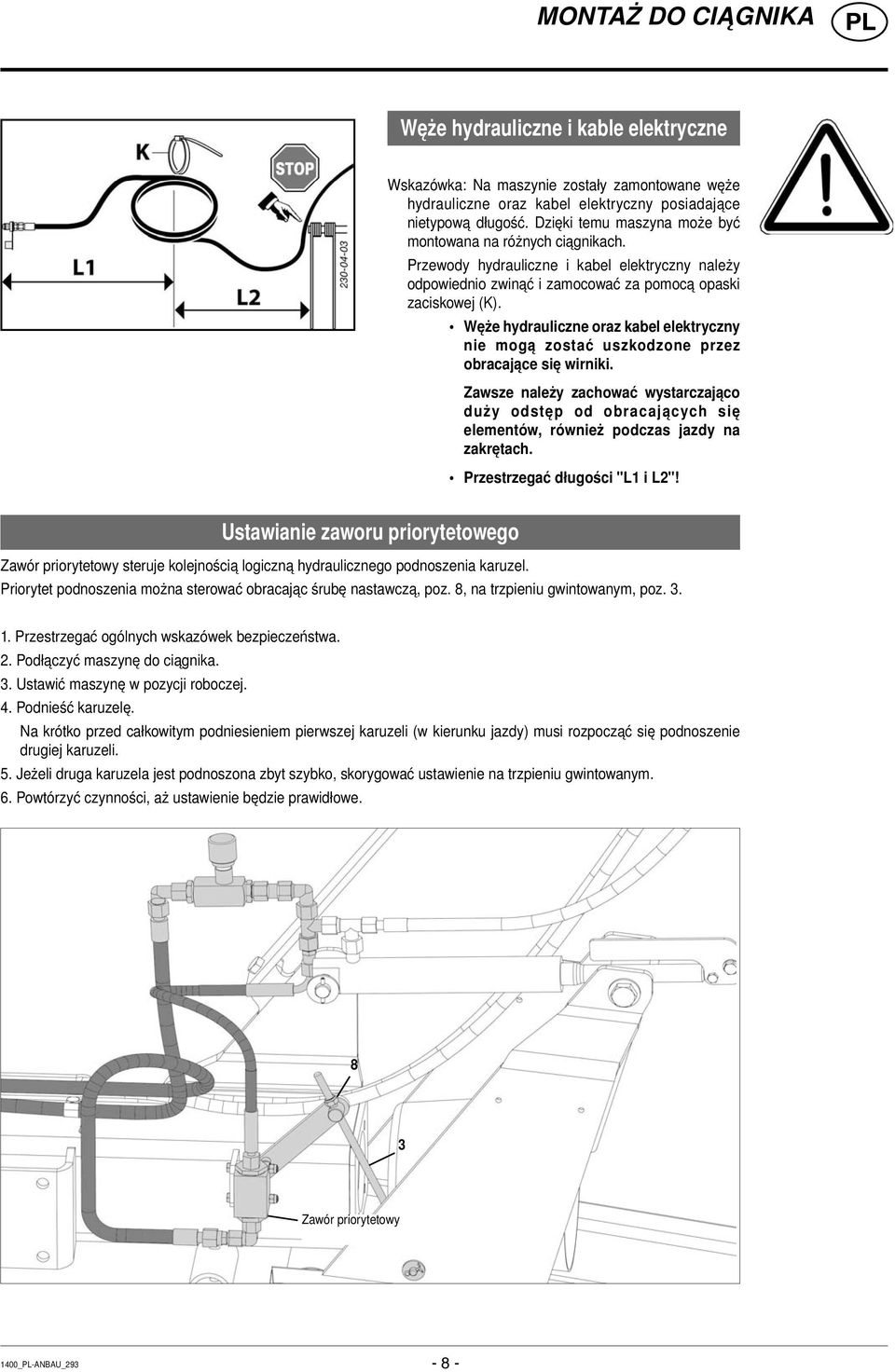 Węże hydrauliczne oraz kabel elektryczny nie mogą zostać uszkodzone przez obracające się wirniki.