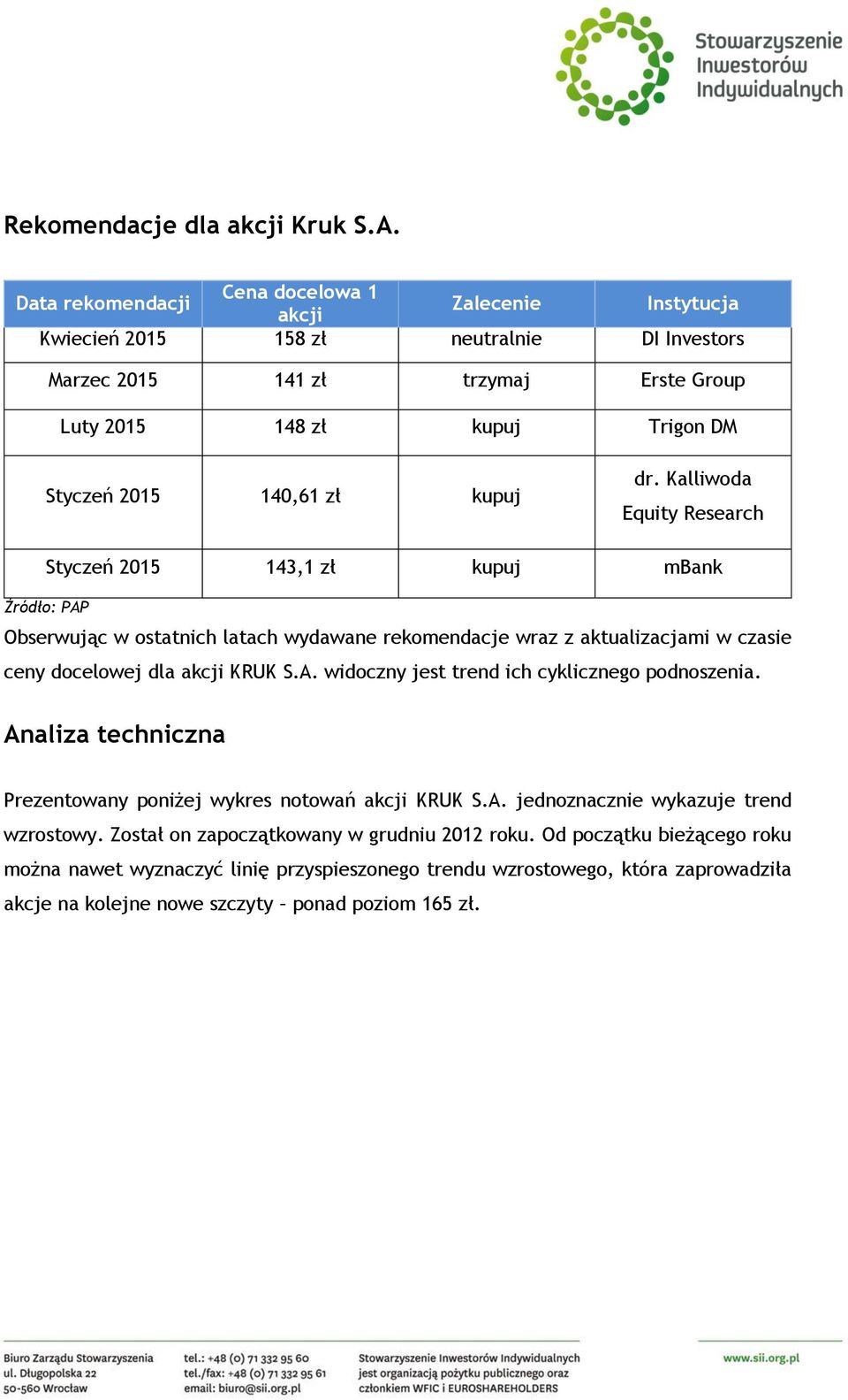 zł kupuj dr. Kalliwoda Equity Research Styczeń 2015 143,1 zł kupuj mbank Źródło: PAP Obserwując w ostatnich latach wydawane rekomendacje wraz z aktualizacjami w czasie ceny docelowej dla akcji KRUK S.