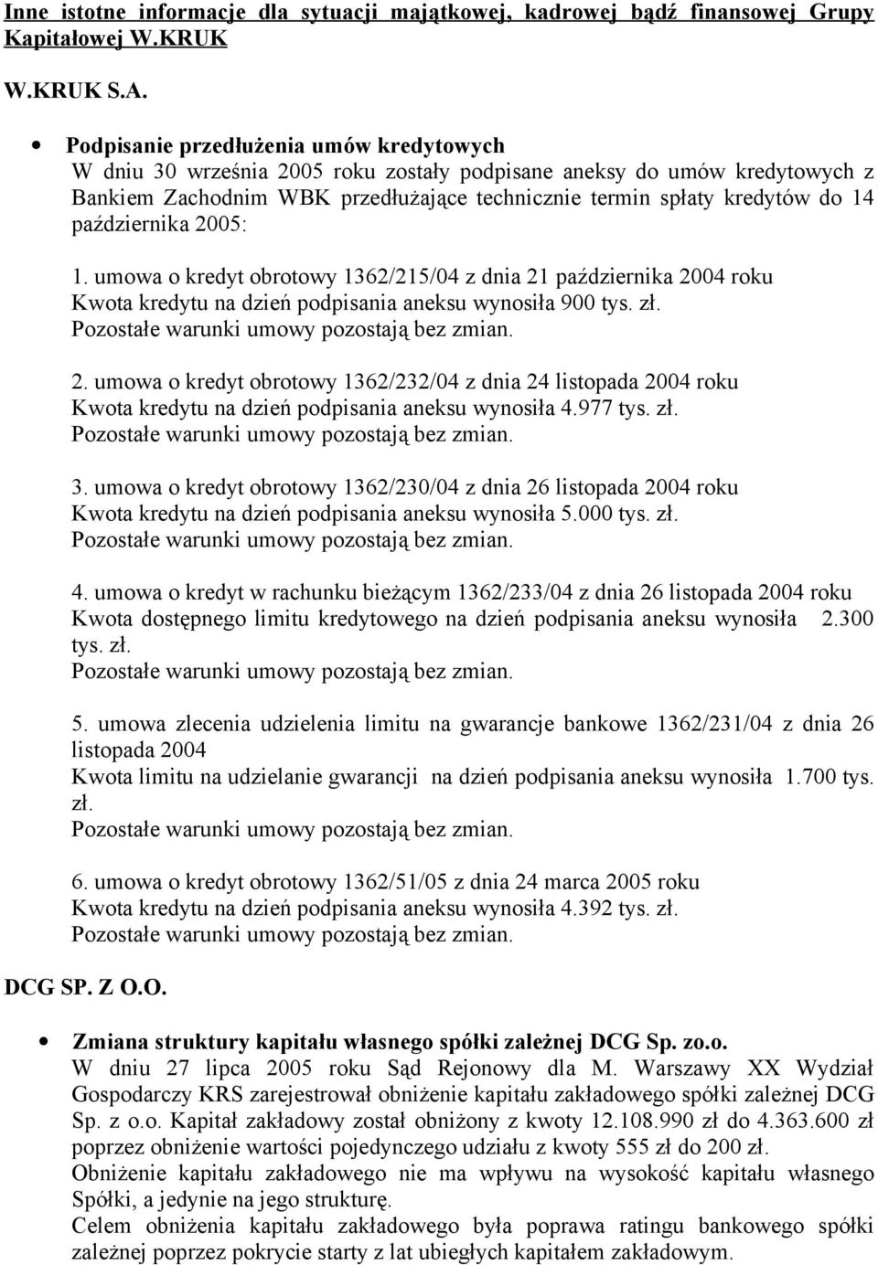 października 2005: 1. umowa o kredyt obrotowy 1362/215/04 z dnia 21 października 2004 roku Kwota kredytu na dzień podpisania aneksu wynosiła 900 tys. zł. 2. umowa o kredyt obrotowy 1362/232/04 z dnia 24 listopada 2004 roku Kwota kredytu na dzień podpisania aneksu wynosiła 4.