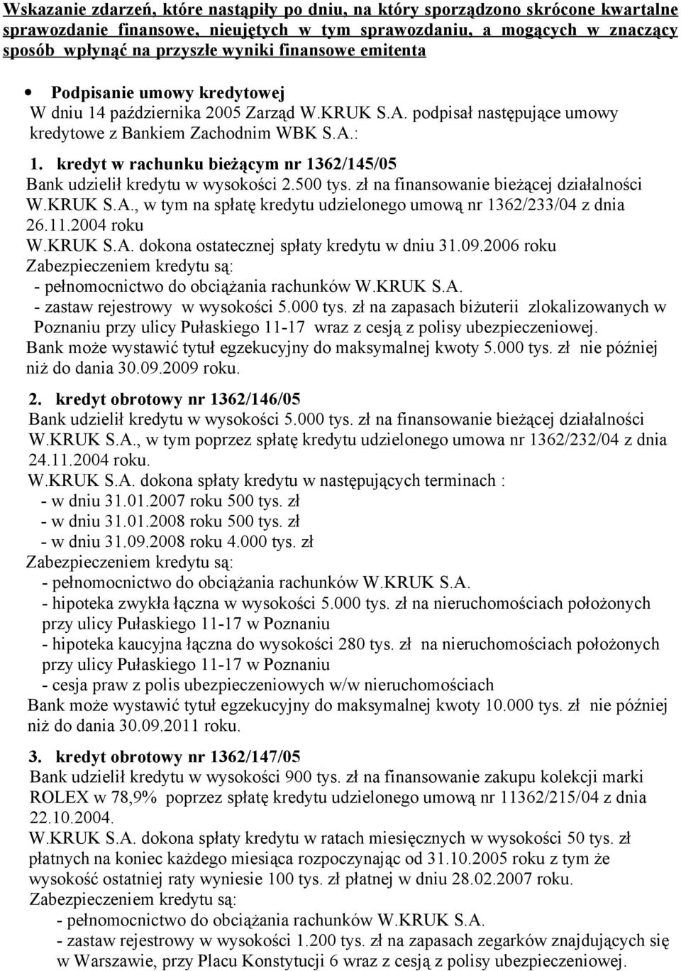 kredyt w rachunku bieżącym nr 1362/145/05 Bank udzielił kredytu w wysokości 2.500 tys. zł na finansowanie bieżącej działalności W.KRUK S.A.