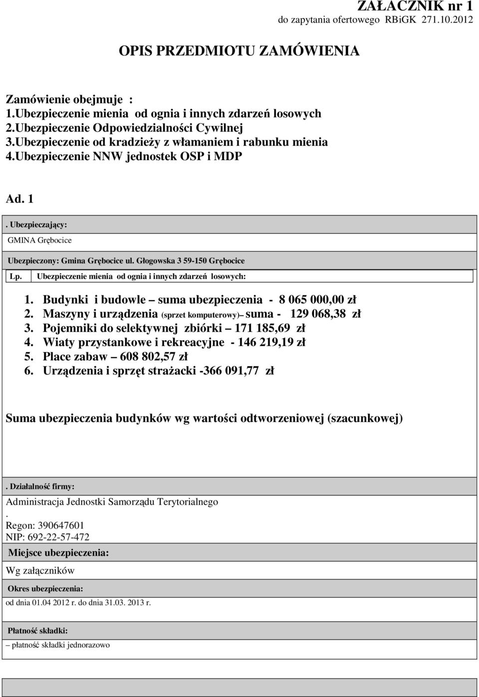 Ubezpieczający: GMINA Grębocice Ubezpieczony: Gmina Grębocice ul. Głogowska 3 59-150 Grębocice Lp. Ubezpieczenie mienia od ognia i innych zdarzeń losowych: 1.