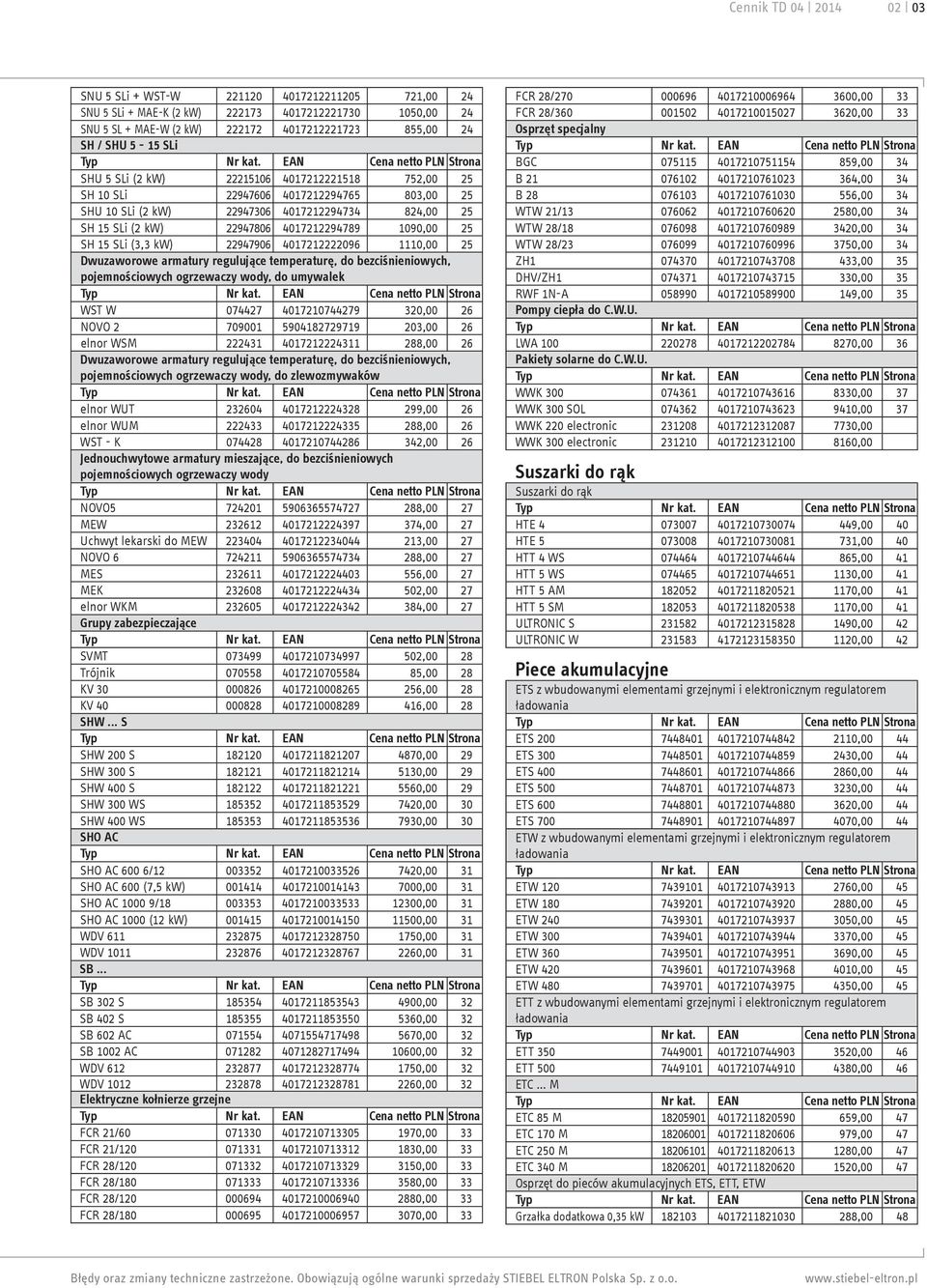SH 15 SLi (3,3 kw) 22947906 4017212222096 1110,00 25 Dwuzaworowe armatury regulujące temperaturę, do bezciśnieniowych, pojemnościowych ogrzewaczy wody, do umywalek WST W 074427 4017210744279 320,00
