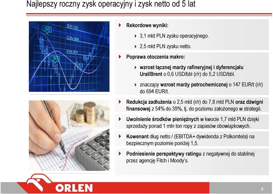 znaczący wzrost marŝy petrochemicznej o 147 EUR/t (r/r) do 694 EUR/t. Redukcja zadłuŝenia o 2,5 mld (r/r) do 7,8 mld PLN oraz dźwigni finansowej z 54% do 39%, tj.