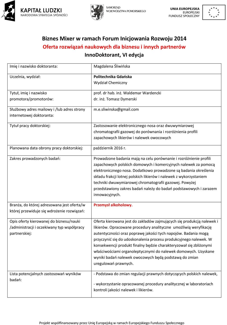 com Zastosowanie elektronicznego nosa oraz dwuwymiarowej chromatografii gazowej do porównania i rozróżnienia profili zapachowych likierów i nalewek owocowych Planowana data obrony pracy doktorskiej: