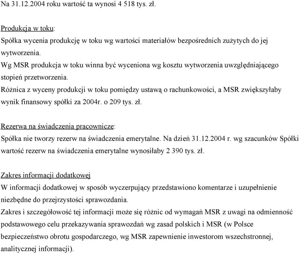 Różnica z wyceny produkcji w toku pomiędzy ustawą o rachunkowości, a MSR zwiększyłaby wynik finansowy spółki za 2004r. o 209 tys. zł.