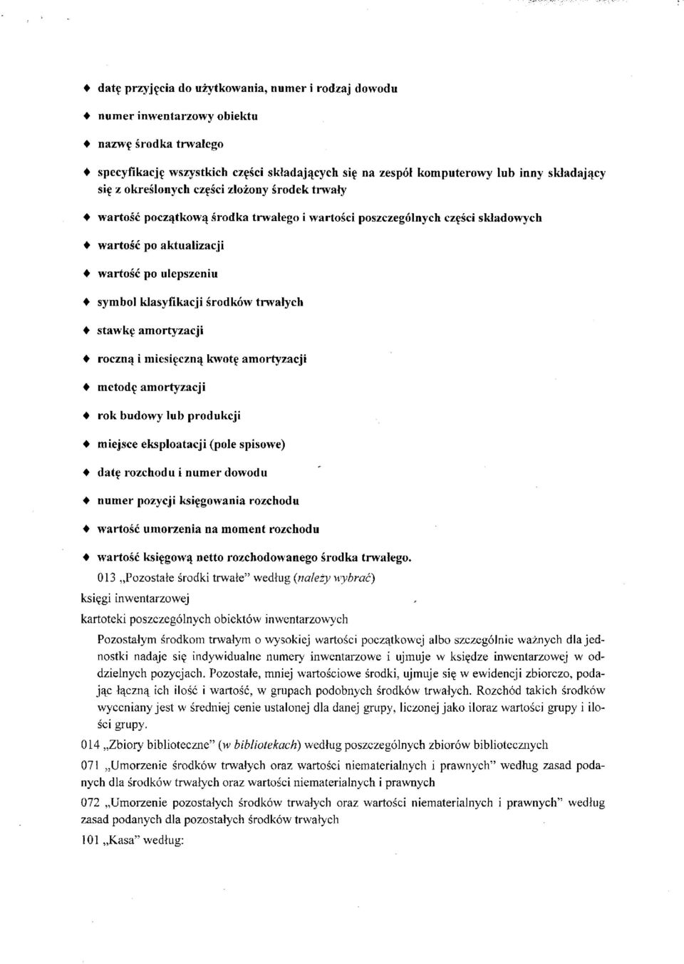 trwałych stawkę amortyzacji roczną i miesięczną kwotę amortyzacji metodę amortyzacji rok budowy lub produkcji miejsce eksploatacji (pole spisowe) datę rozchodu i numer dowodu numer pozycji