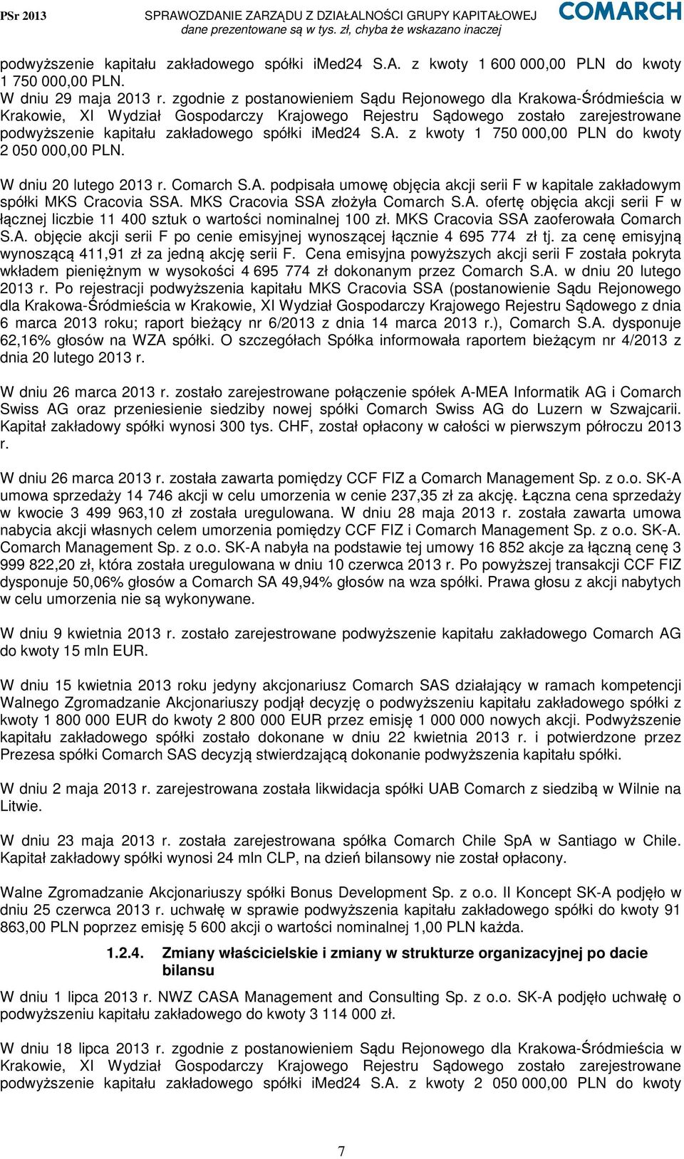S.A. z kwoty 1 750 000,00 PLN do kwoty 2 050 000,00 PLN. W dniu 20 lutego 2013 r. Comarch S.A. podpisała umowę objęcia akcji serii F w kapitale zakładowym spółki MKS Cracovia SSA.