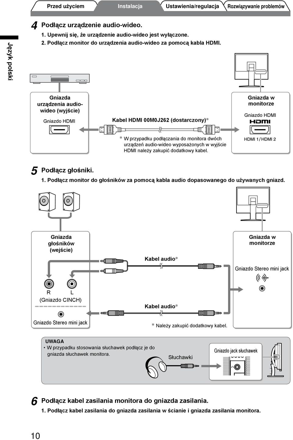 w wyjście HDMI należy zakupić dodatkowy kabel. 5 Podłącz głośniki. 1. Podłącz monitor do głośników za pomocą kabla audio dopasowanego do używanych gniazd.