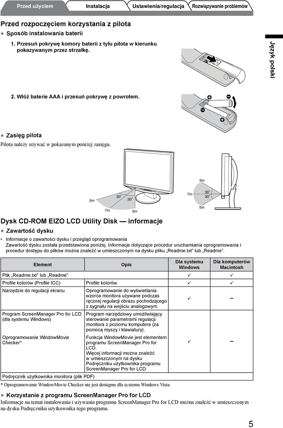 5m Dysk CD-ROM EIZO LCD Utility Disk informacje Zawartość dysku 5m 7m 30 Informacje o zawartości dysku i przegląd oprogramowania Zawartość dysku została przedstawiona poniżej.