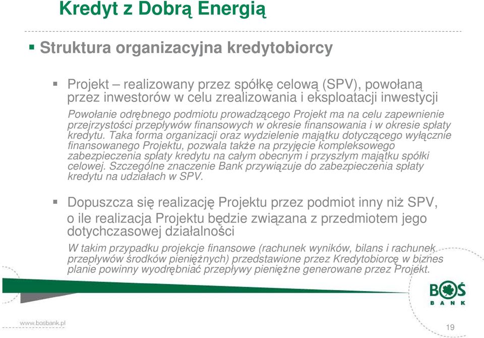 Taka forma organizacji oraz wydzielenie majątku dotyczącego wyłącznie finansowanego Projektu, pozwala także na przyjęcie kompleksowego zabezpieczenia spłaty kredytu na całym obecnym i przyszłym