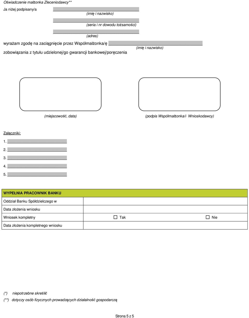 (podpis Współmałżonka/i Wnioskodawcy) Załączniki: 1. 2. 3. 4. 5.
