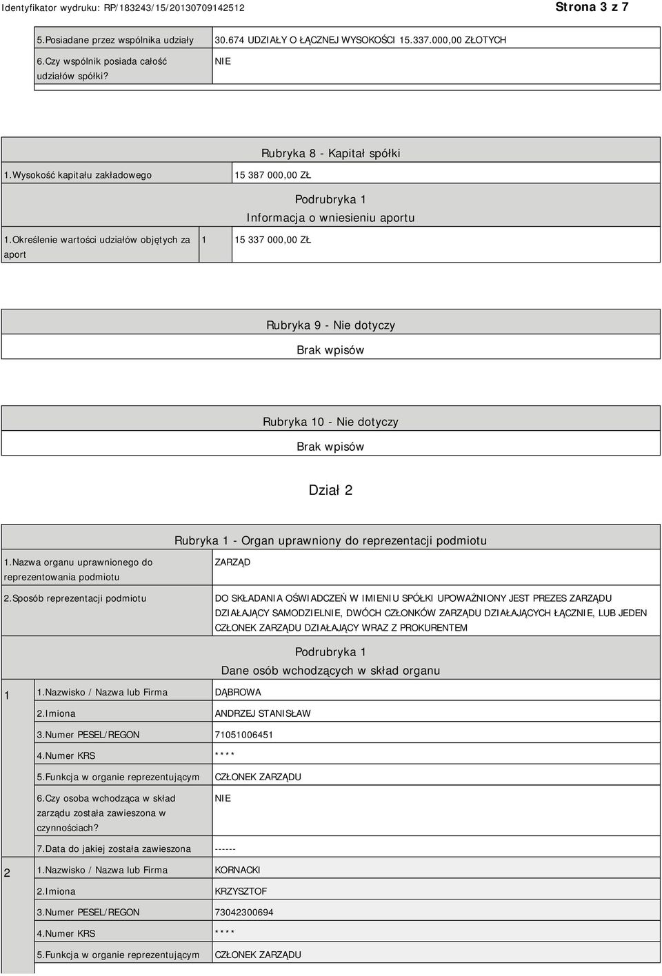 Określenie wartości udziałów objętych za aport 1 15 337 000,00 ZŁ Rubryka 9 - Nie dotyczy Rubryka 10 - Nie dotyczy Dział 2 Rubryka 1 - Organ uprawniony do reprezentacji podmiotu 1.
