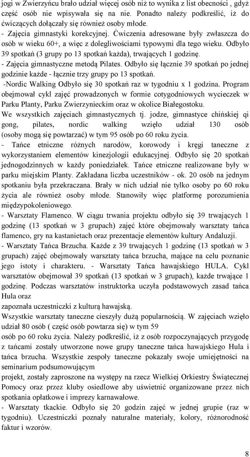 Odbyło 39 spotkań (3 grupy po 13 spotkań każda), trwających 1 godzinę. - Zajęcia gimnastyczne metodą Pilates. Odbyło się łącznie 39 spotkań po jednej godzinie każde - łącznie trzy grupy po 13 spotkań.