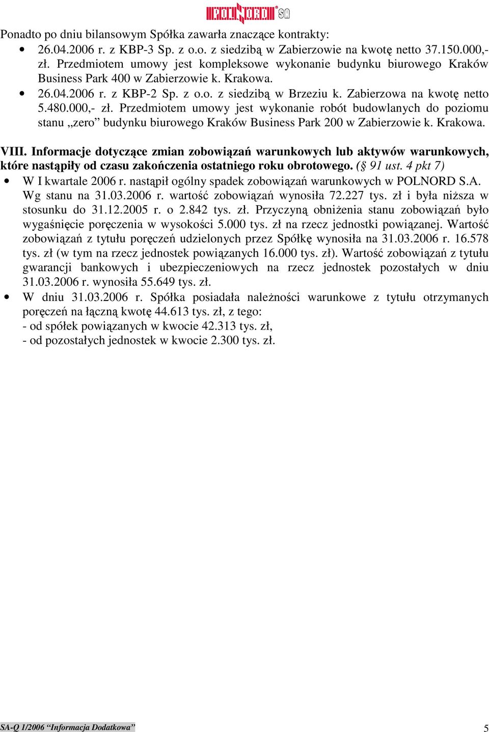 480.000,- zł. Przedmiotem umowy jest wykonanie robót budowlanych do poziomu stanu zero budynku biurowego Kraków Business Park 200 w Zabierzowie k. Krakowa. VIII.