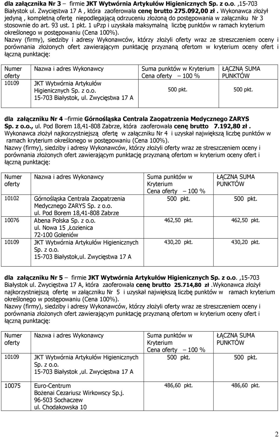 1 upzp i uzyskała maksymalną liczbę punktów w ramach kryterium określonego w postępowaniu Nazwy (firmy), siedziby i adresy Wykonawców, którzy złożyli wraz ze streszczeniem oceny i 15-703 Białystok,